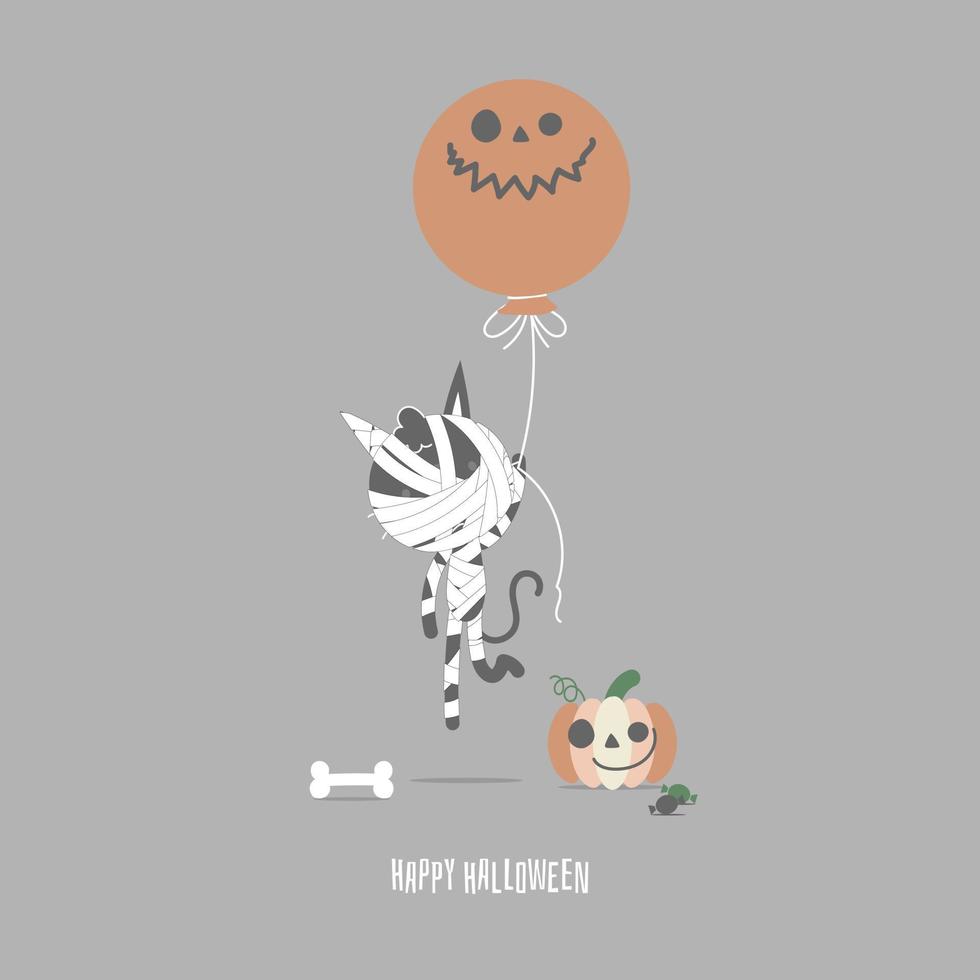 happy halloween holiday festival with mummy cat and pumpkin, flat vector illustration cartoon character design