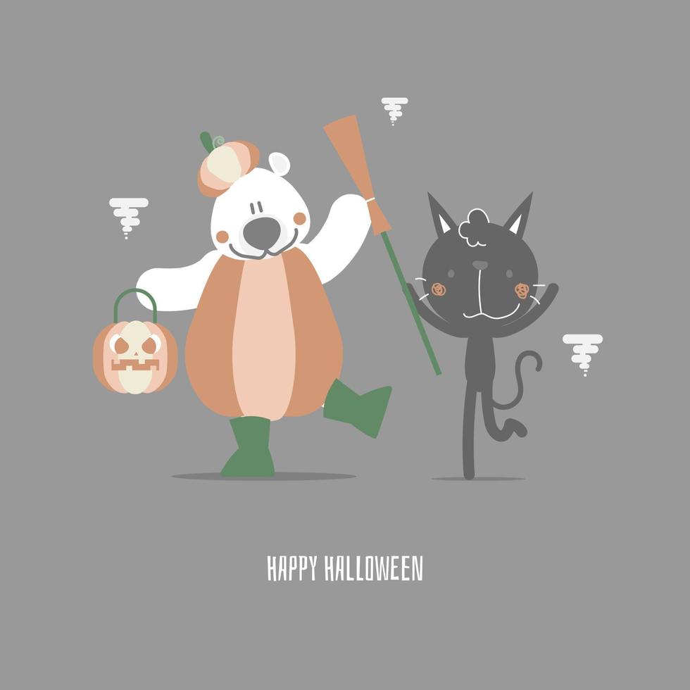 happy halloween holiday festival with teddy bear and pumpkin and cat holding broom, flat vector illustration cartoon character design