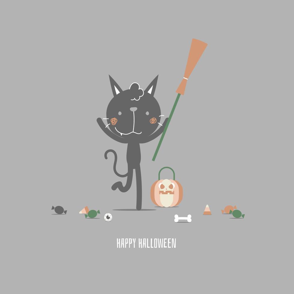 happy halloween holiday festival with cat holding broom and pumpkin, flat vector illustration cartoon character design