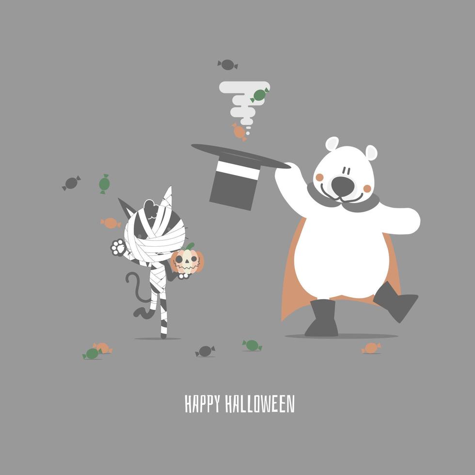 happy halloween holiday festival with teddy bear and mummy cat, flat vector illustration cartoon character design