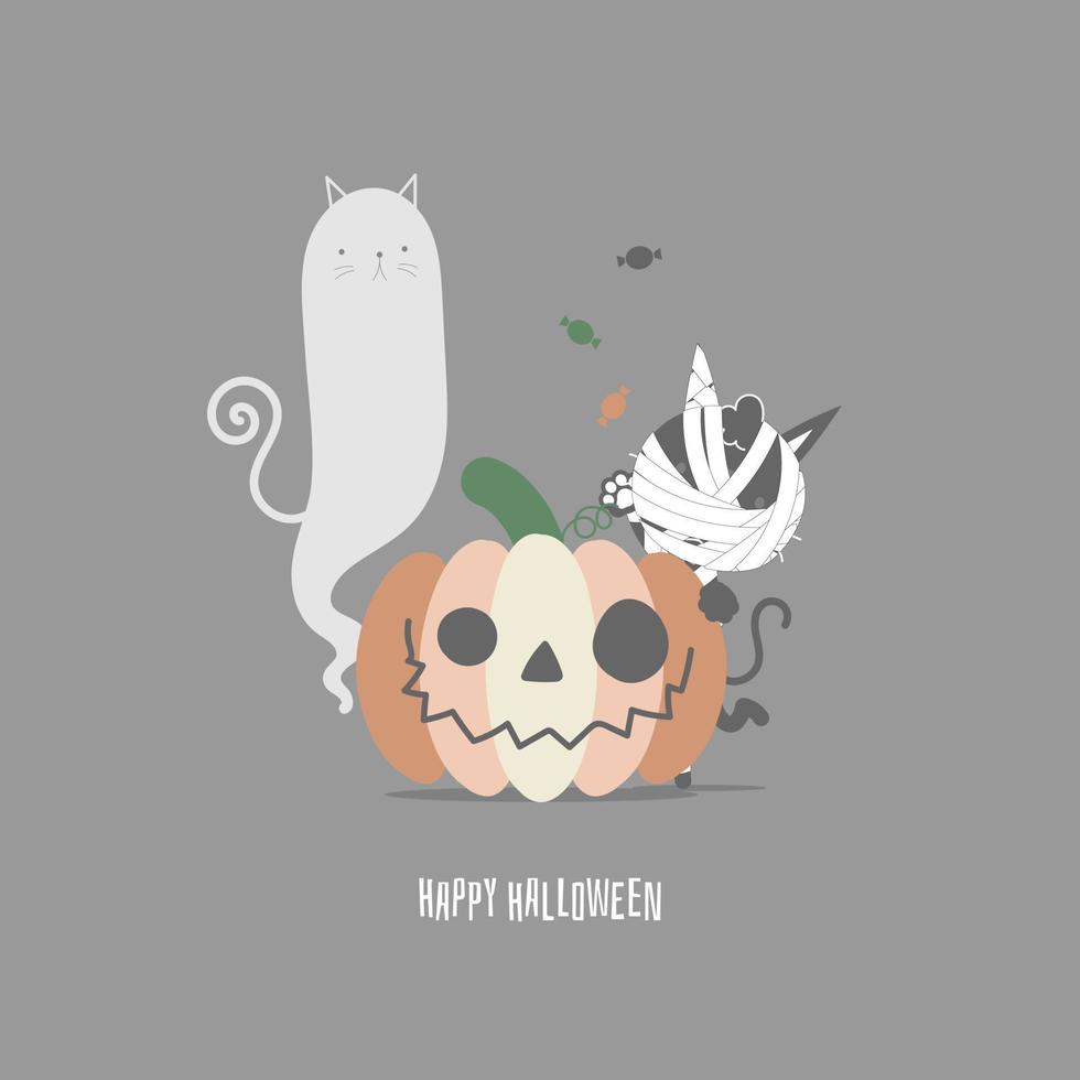 feliz festival de vacaciones de halloween con lindo gato momia y calabaza, diseño de personajes de dibujos animados de ilustración vectorial plana vector