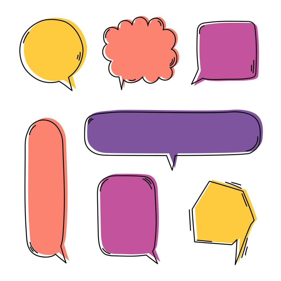 collection set of cute hand drawn line frame border, blank speech bubble balloon think speak talk text box, banner, flat design vector illustration