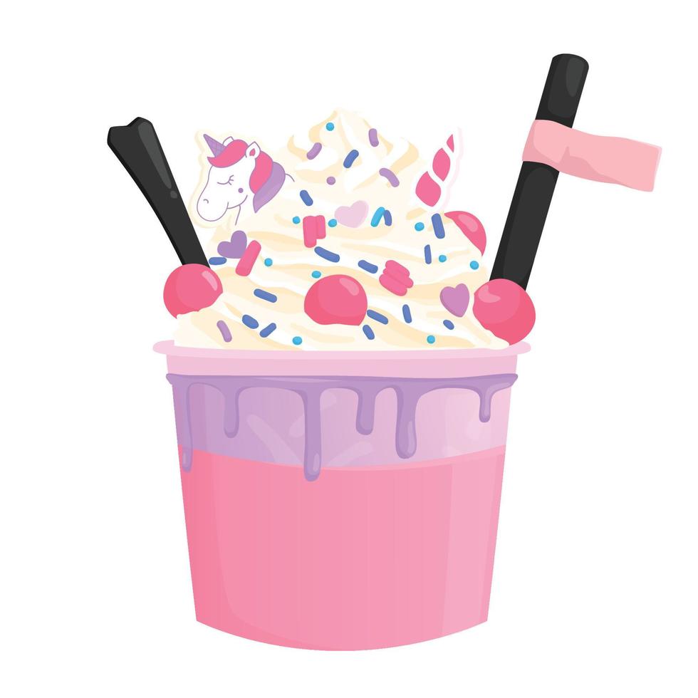 cup of strawberry milk tea topping whit whipped cream cute kawaii illustration vector