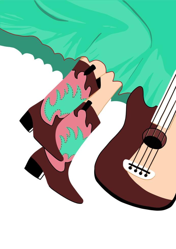 Female legs in cowboy boots. Guitar. Skirt in country style. Concept of  music festival, wester. Vector illustration.