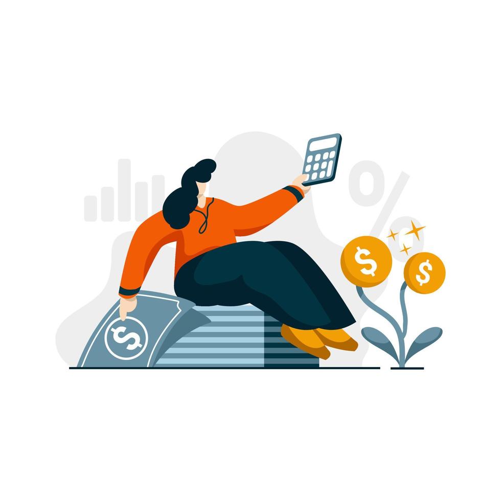 icono de calculadora de tasa de interés ilustración plana para préstamos de financiación empresarial color azul, naranja, negro, amarillo, perfecto para diseño ui ux, aplicación web, proyectos de marca, publicidad, publicación en redes sociales vector