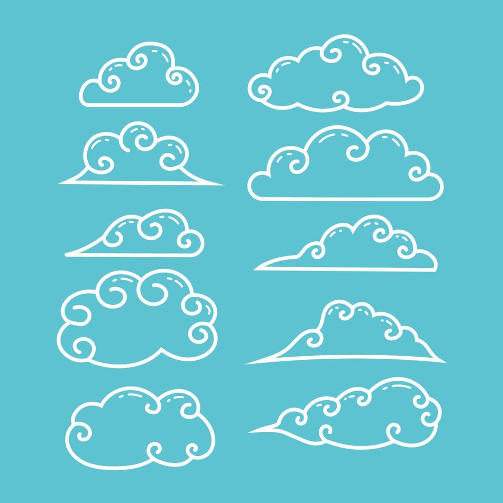 cute traditional chinese or japanese cartoony curly cloud outline illustration collection set vector