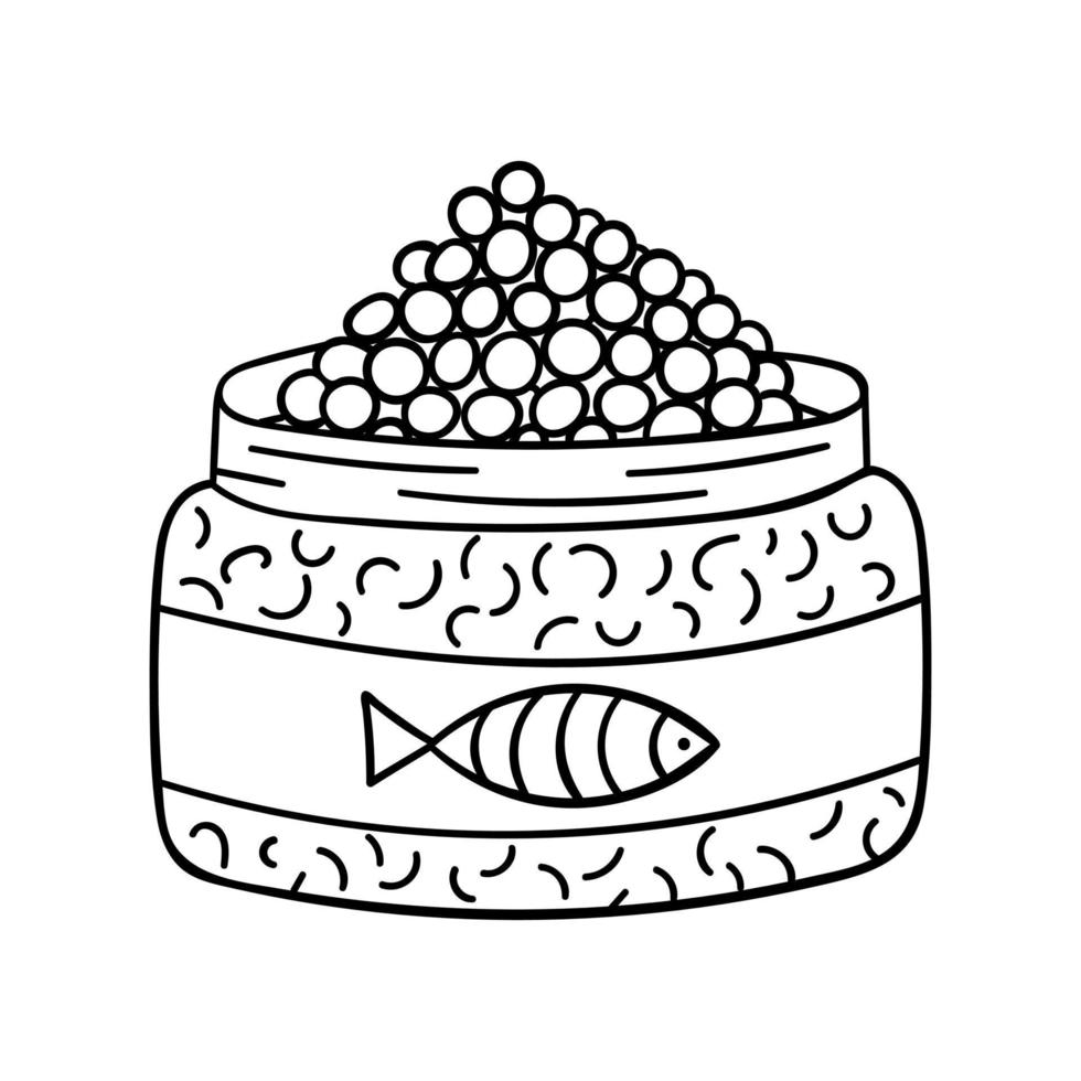 un tarro de salmón u otras huevas de pescado. esbozar la ilustración de alimentos dibujada a mano, aislada en un fondo blanco. vector blanco negro.