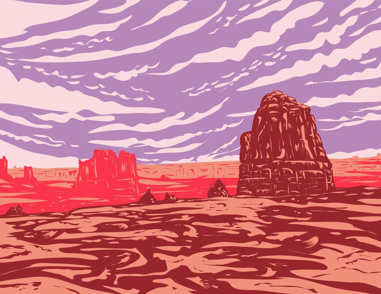 La Sal Mountains Viewpoint With The Organ Tower of Babel Sheep Rock and Three Gossips Arches National Park Utah WPA Poster Art vector