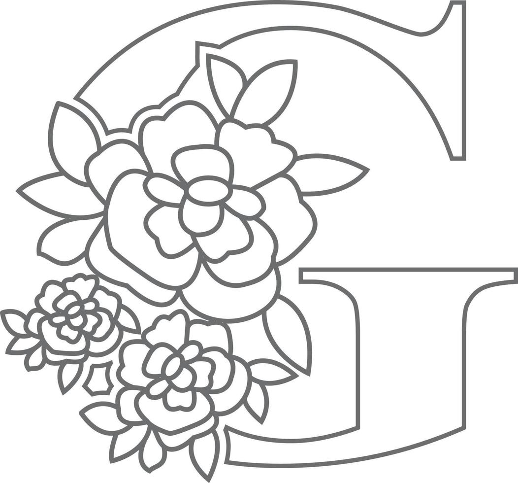 Floral alphabet letter coloring book for kids. Vector illustration of educational alphabet latter with flower art work coloring pages.  Doodle style.