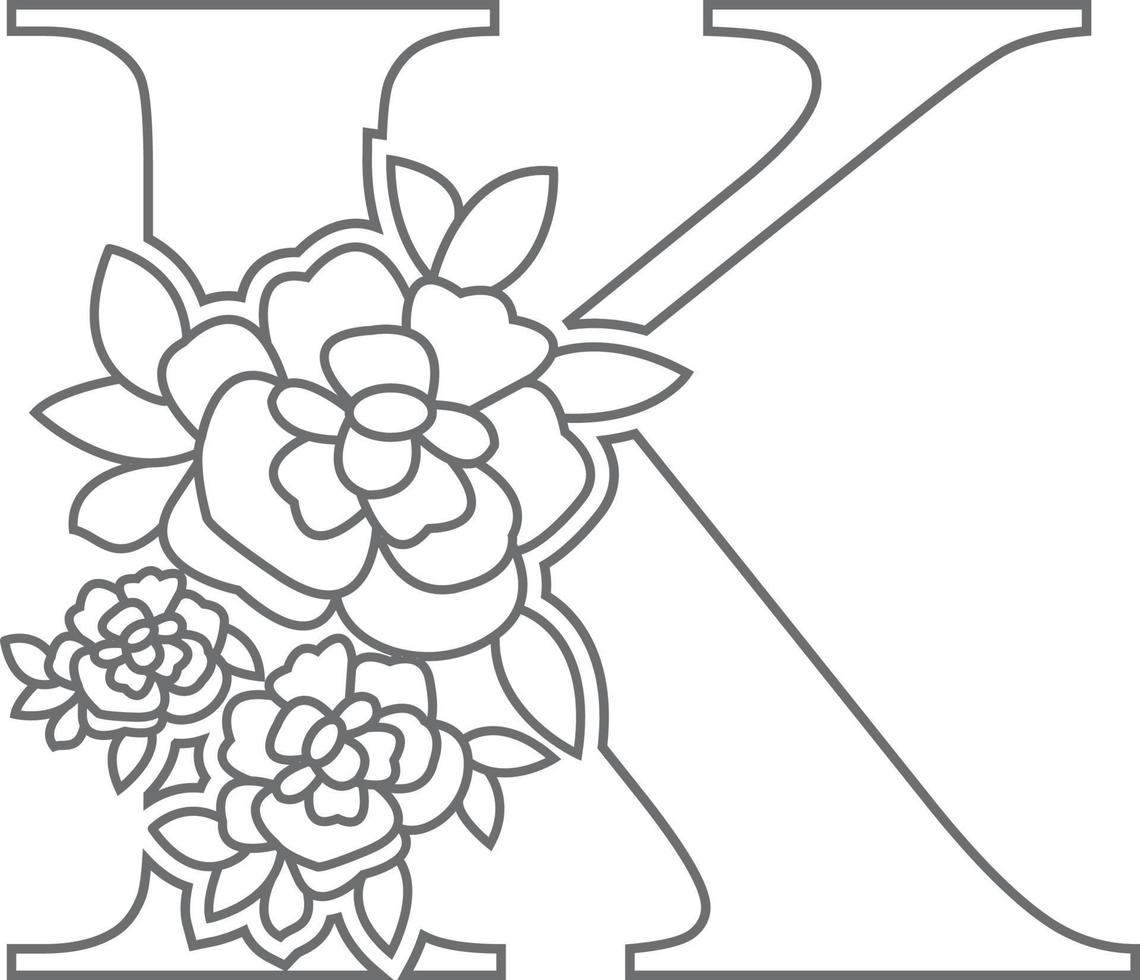 Floral alphabet letter coloring book for kids. Vector illustration of educational alphabet latter with flower art work coloring pages.  Doodle style.