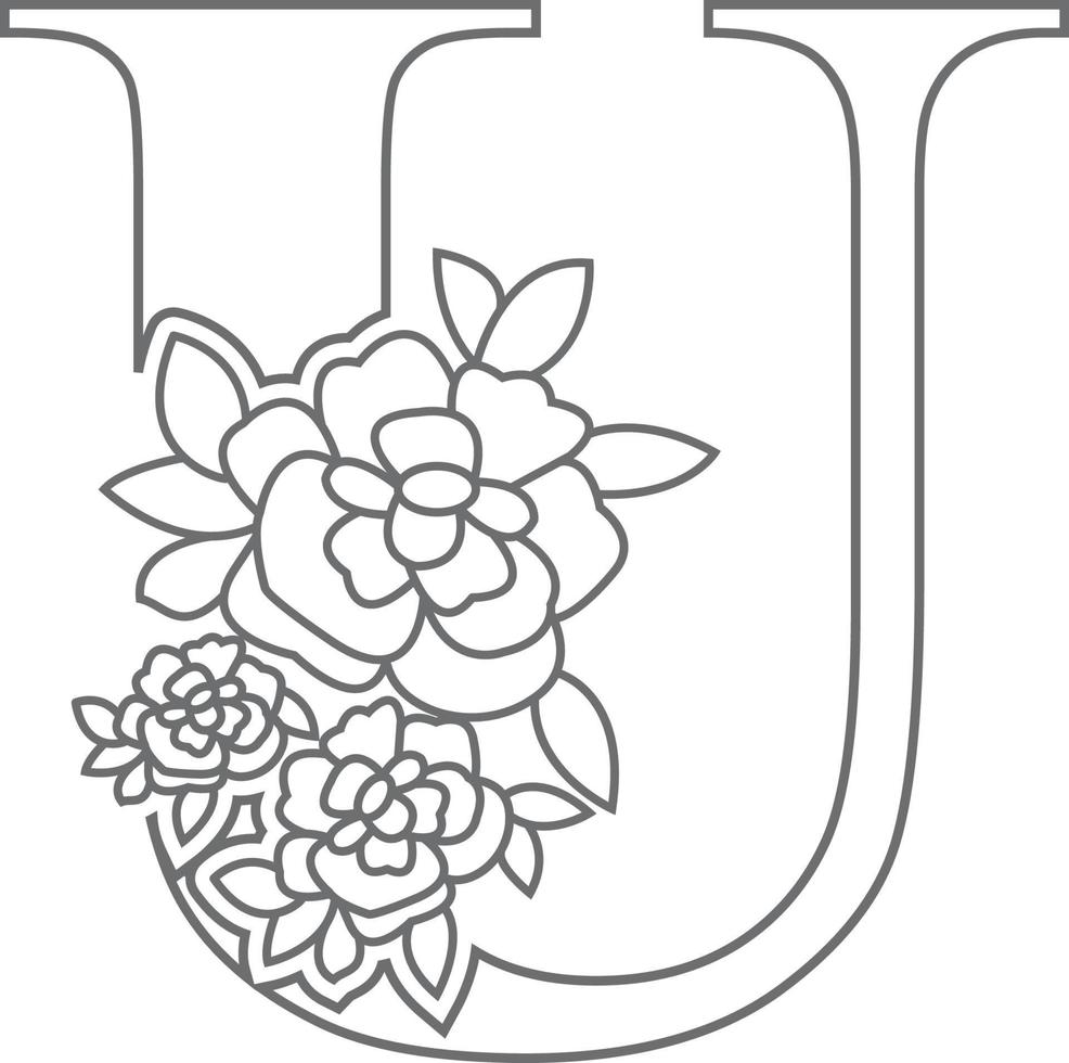 Floral alphabet letter coloring book for kids. Vector illustration of educational alphabet latter with flower art work coloring pages.  Doodle style.