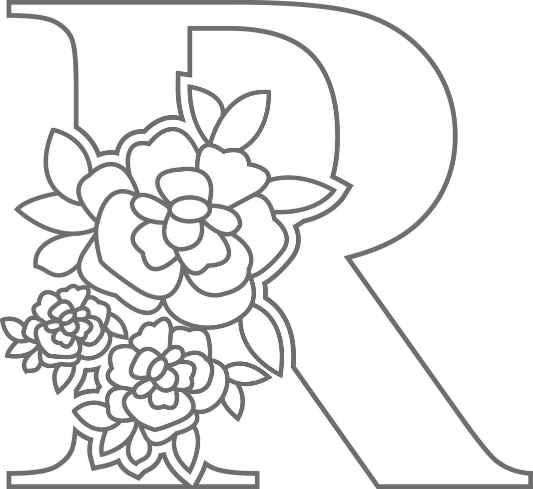 Floral alphabet letter coloring book for kids. Vector illustration of educational alphabet latter with flower art work coloring pages.  Doodle style.