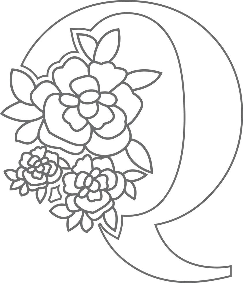 Floral alphabet letter coloring book for kids. Vector illustration of educational alphabet latter with flower art work coloring pages.  Doodle style.