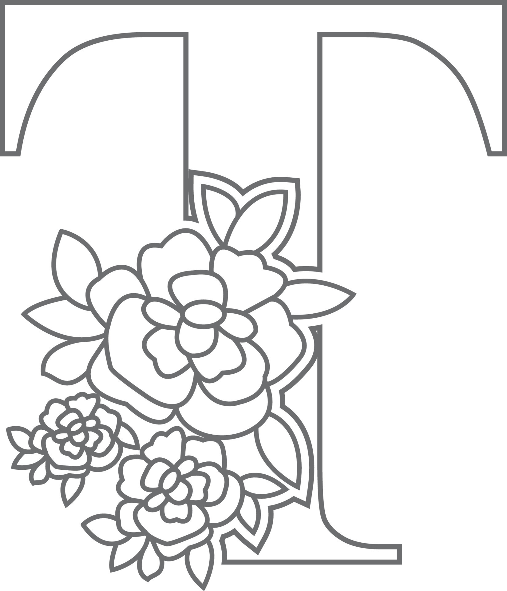 Floral alphabet letter coloring book for kids. Vector illustration of