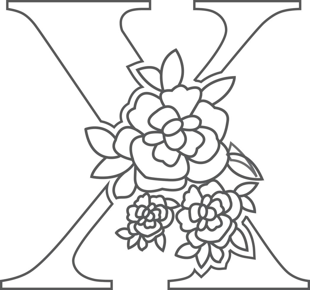 Floral alphabet letter coloring book for kids. Vector illustration of educational alphabet latter with flower art work coloring pages.  Doodle style.