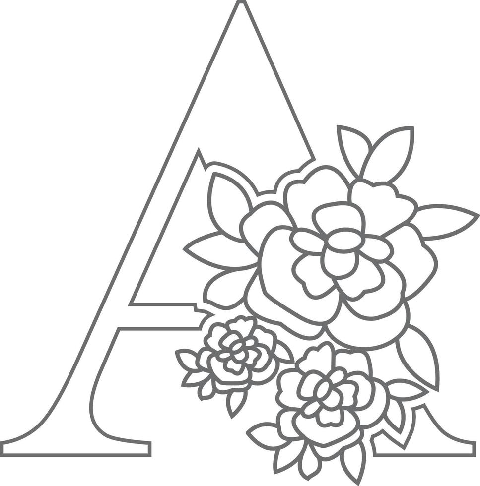 Floral alphabet letter coloring book for kids. Vector illustration of