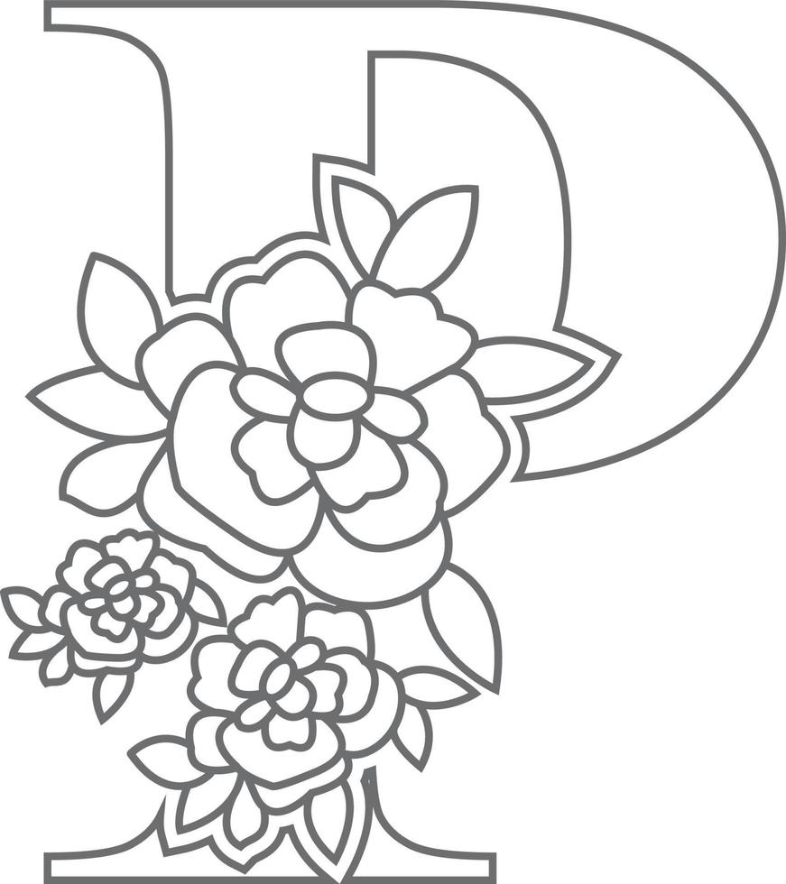 Floral alphabet letter coloring book for kids. Vector illustration of educational alphabet latter with flower art work coloring pages.  Doodle style.