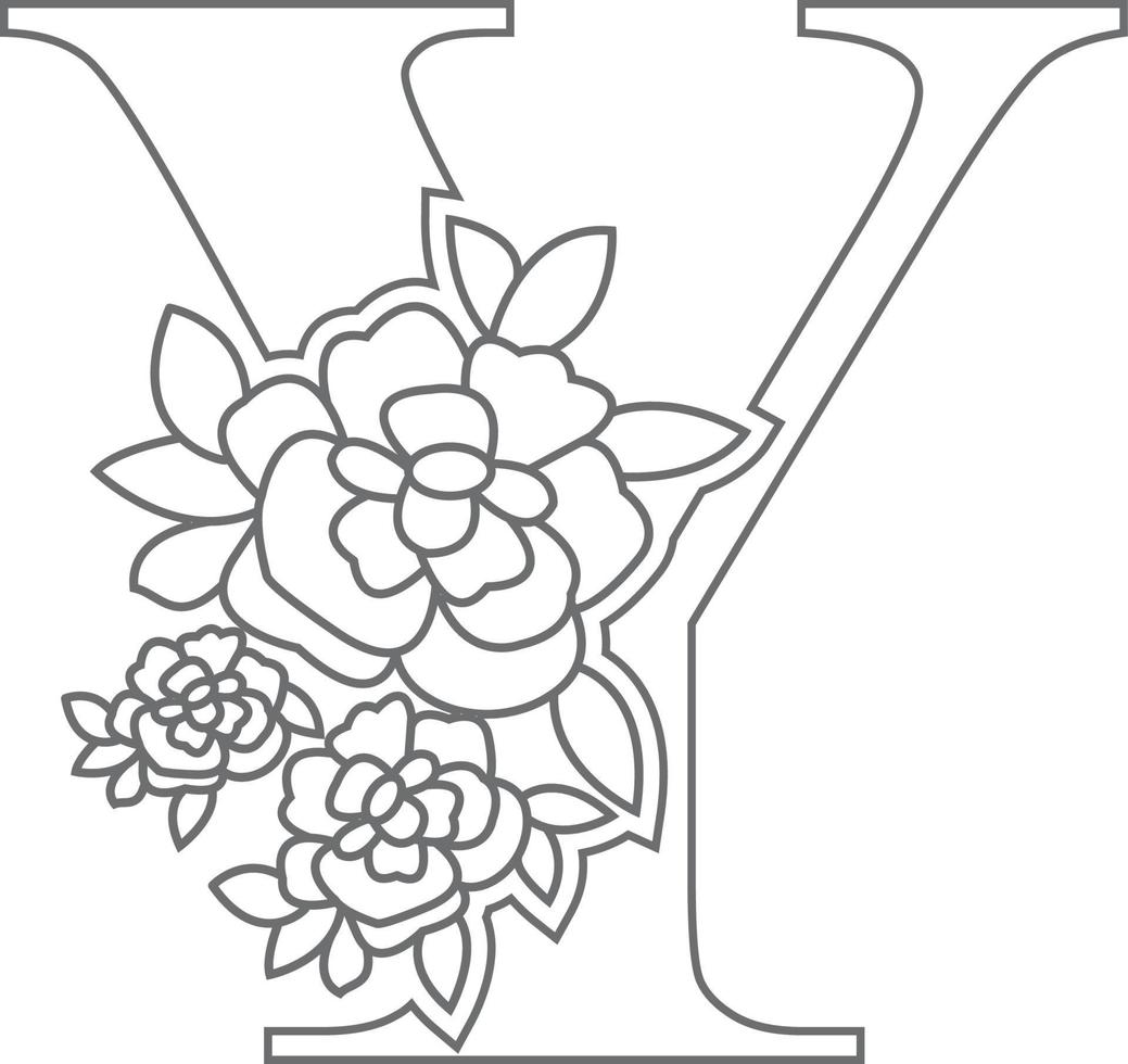 Floral alphabet letter coloring book for kids. Vector illustration of educational alphabet latter with flower art work coloring pages.  Doodle style.