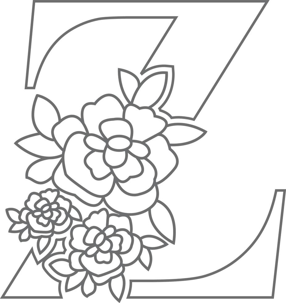 Floral alphabet letter coloring book for kids. Vector illustration of educational alphabet latter with flower art work coloring pages.  Doodle style.
