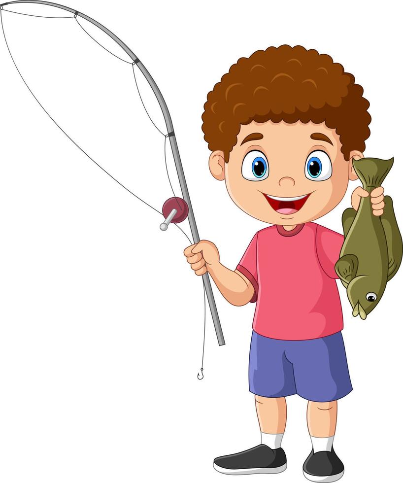 Cartoon happy little boy fishing vector