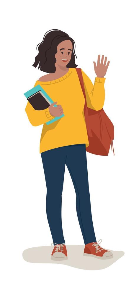 Students, pupils. A girl with books and a briefcase, waving her hand in greeting. Back to school. Vector image.