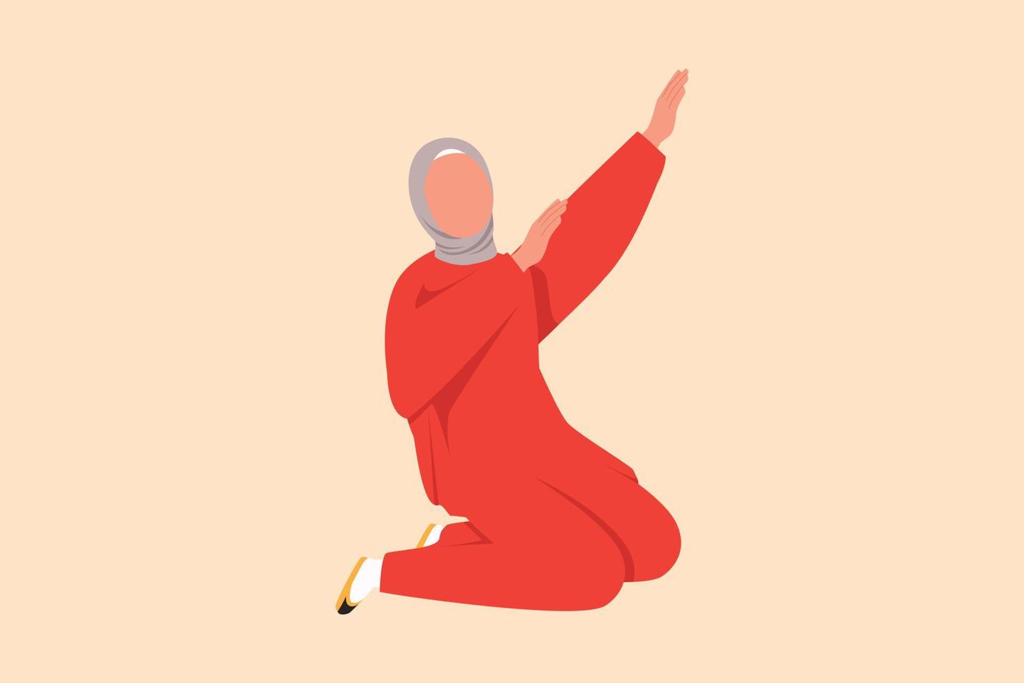 Business flat drawing happy Arab businesswoman kneeling with goal pose. Female manager celebrate success of increasing company product sales. Business achievement. Cartoon design vector illustration
