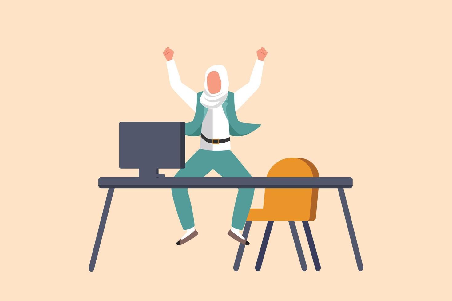 Business flat drawing happy Arab businesswoman jumping with raised hands near desk workplace. Cute manager celebrating success of increasing company product sales. Cartoon design vector illustration