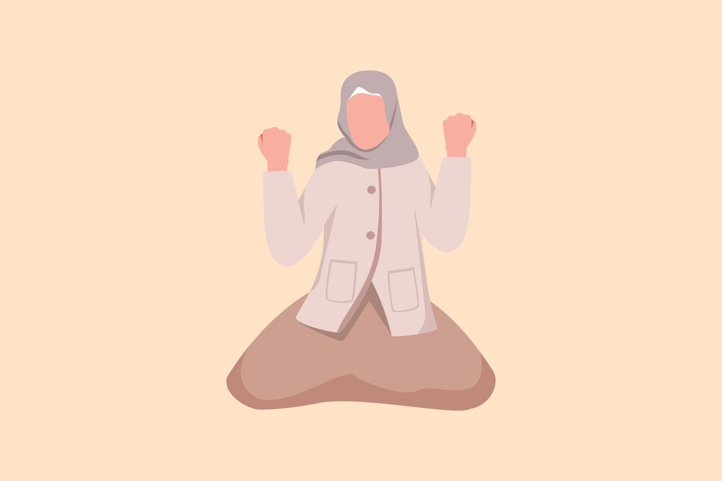 Business flat drawing happy Arabian businesswoman kneeling with hand and yes gesture. Manager celebrating success of increasing company achievement target and goals. Cartoon design vector illustration