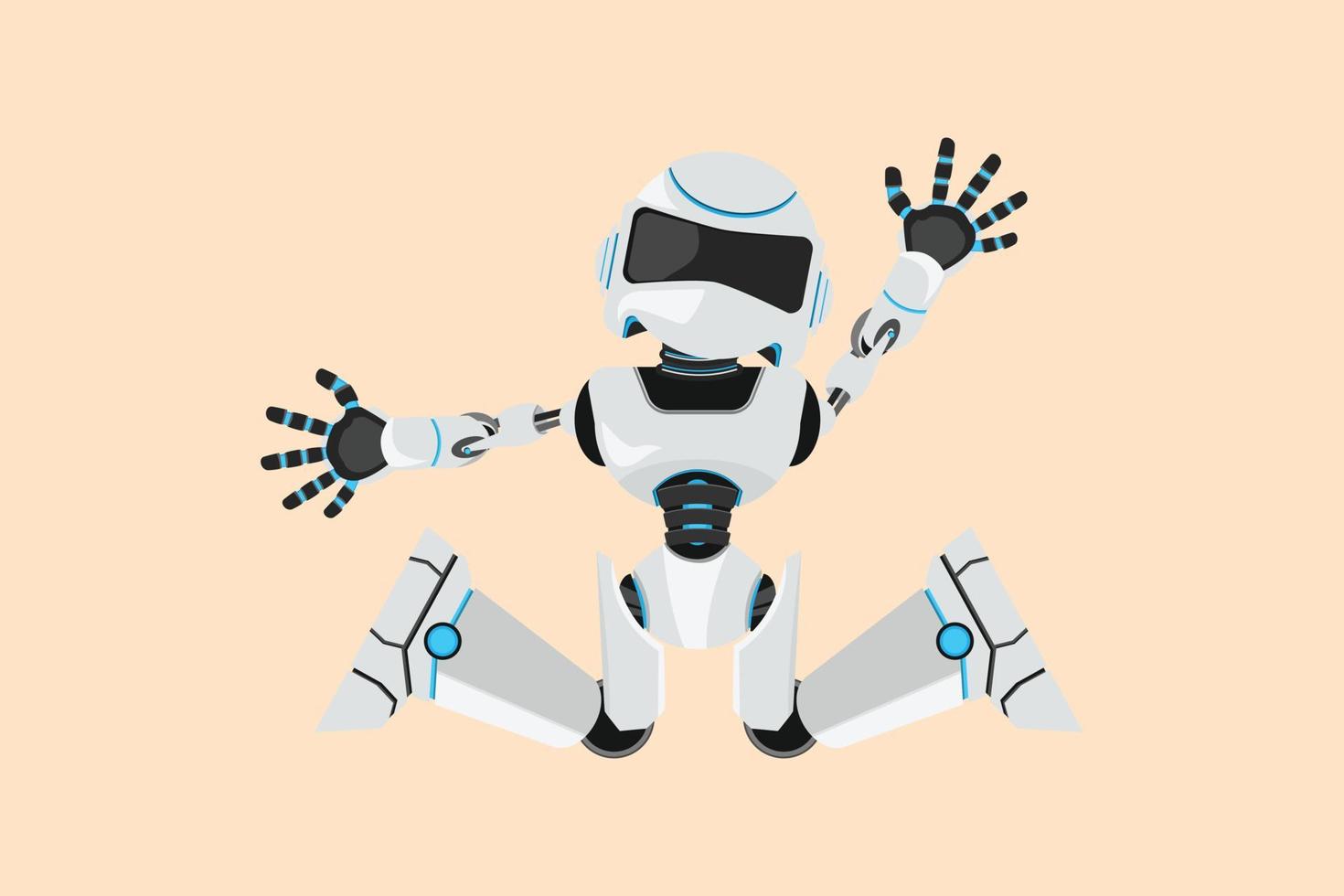 Business flat cartoon style drawing happy robot jumping with raised legs and spread arms. Modern robotic artificial intelligence. Electronic technology industry. Graphic design vector illustration