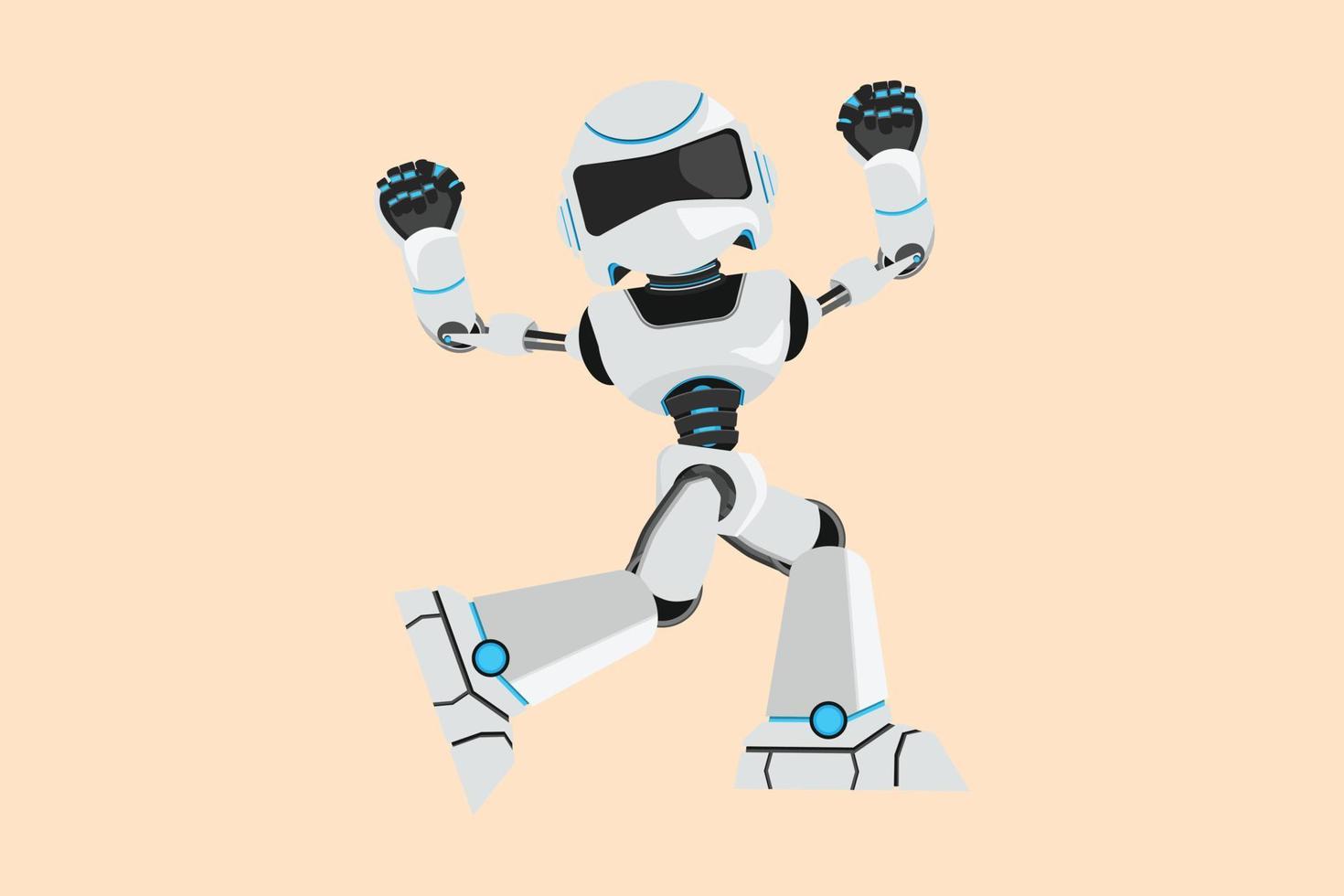 Business flat cartoon style drawing happy robot standing with raised his clenched fist hands. Modern robotic artificial intelligence. Electronic technology industry. Graphic design vector illustration