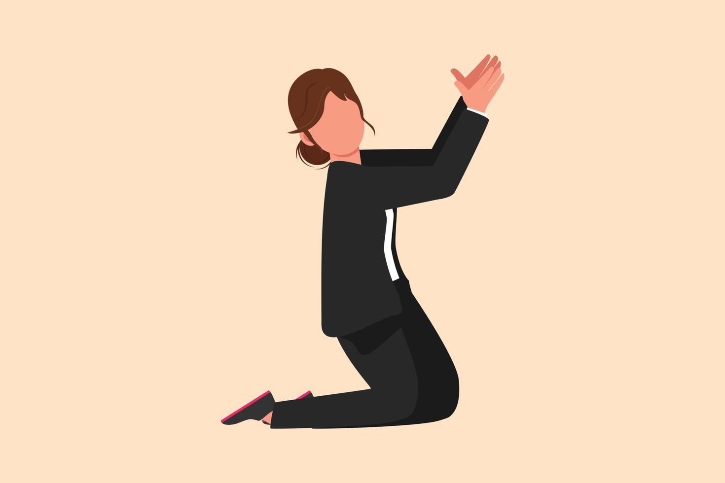 Business design drawing depressed businesswoman on her knees and ask for help. Female manager in business blazer praying. Psychological therapy and treatment. Flat cartoon style vector illustration