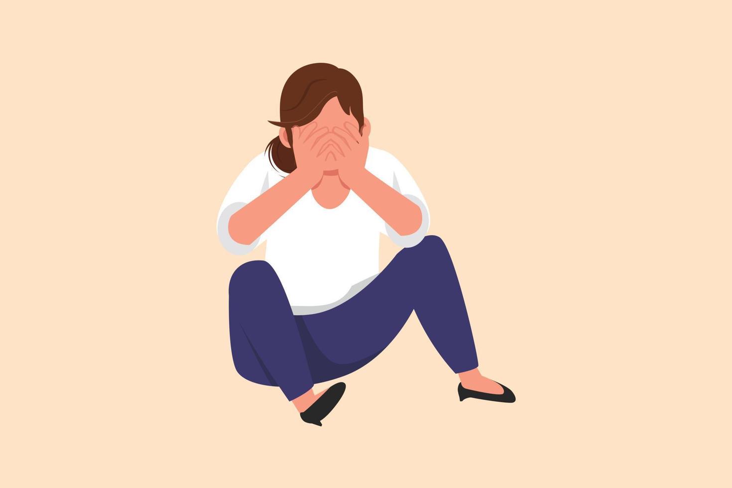 Business design drawing sad depressed businesswoman cover her face by hands and sitting on the floor. Depression disorder, sorrow, sick, disappointment symptom. Flat cartoon style vector illustration