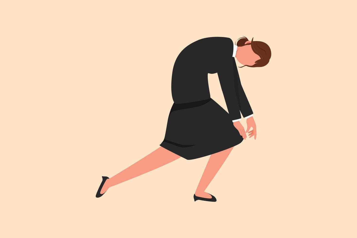 Business flat cartoon style drawing depressed businesswoman bowed down. Woman feeling lonely, stressed, mental pressure. Bankruptcy on economic recession, failure. Graphic design vector illustration