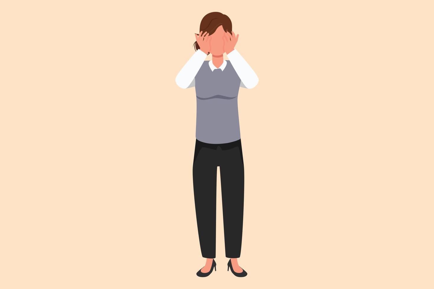 Business flat cartoon style drawing depressed businesswoman standing and holding head, feeling headache. Depression disorder, sorrow. Stress due to economic crisis. Graphic design vector illustration