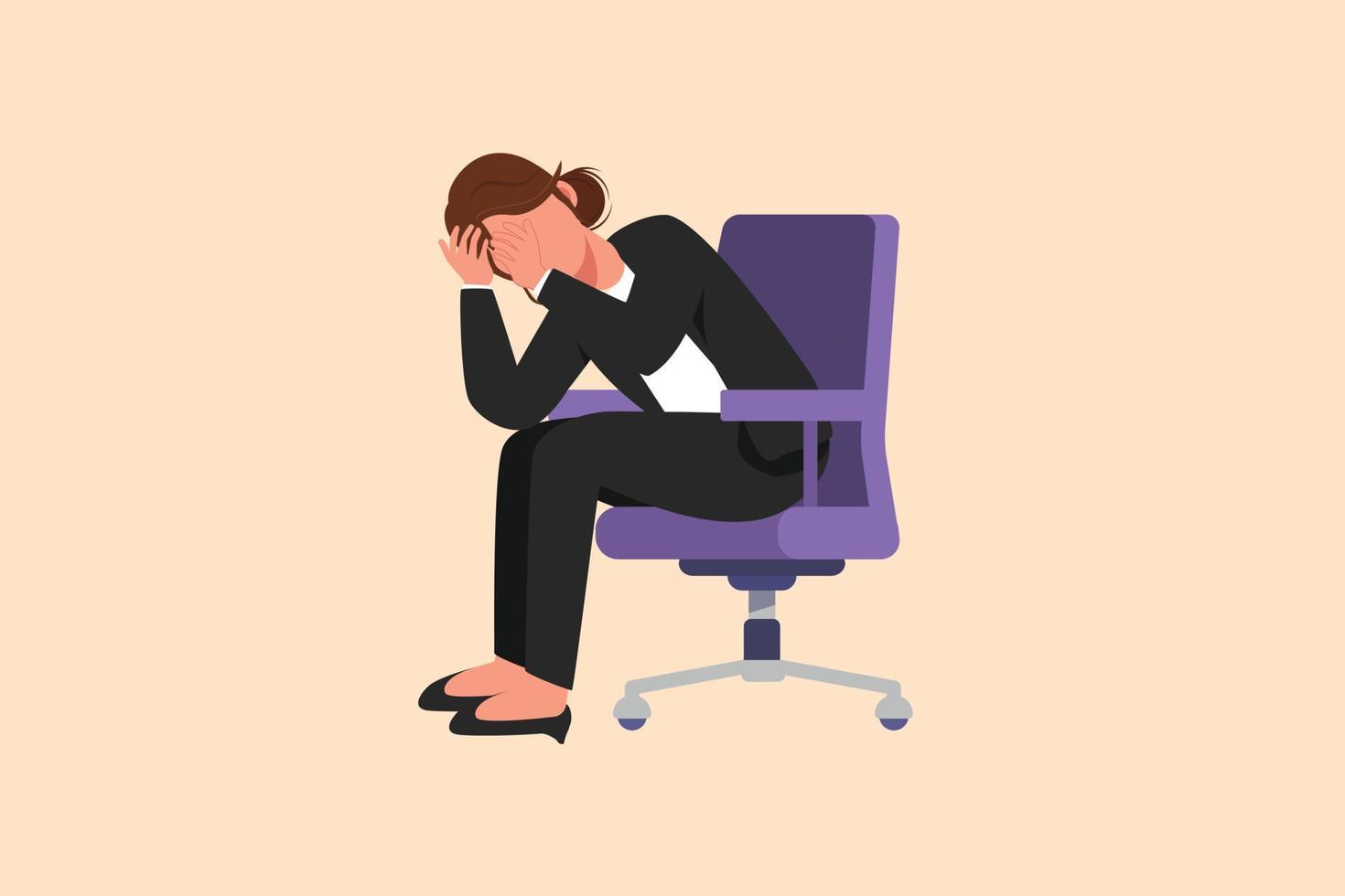 Business design drawing frustrated businesswoman holding head sitting alone on the chair at office. Regret on business mistake, depressed, stupidity, foolish. Flat cartoon style vector illustration