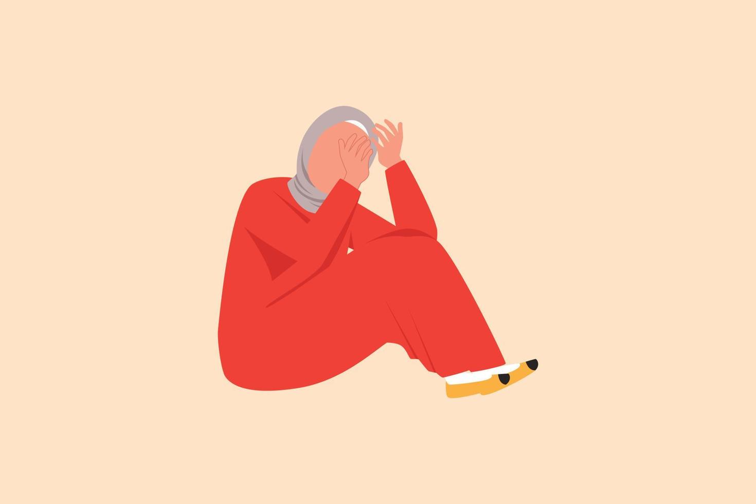 Business flat drawing depressed Arabian businesswoman sitting on the floor. Stressed office worker losing job. Economic financial crisis. Depression people concept. Cartoon design vector illustration