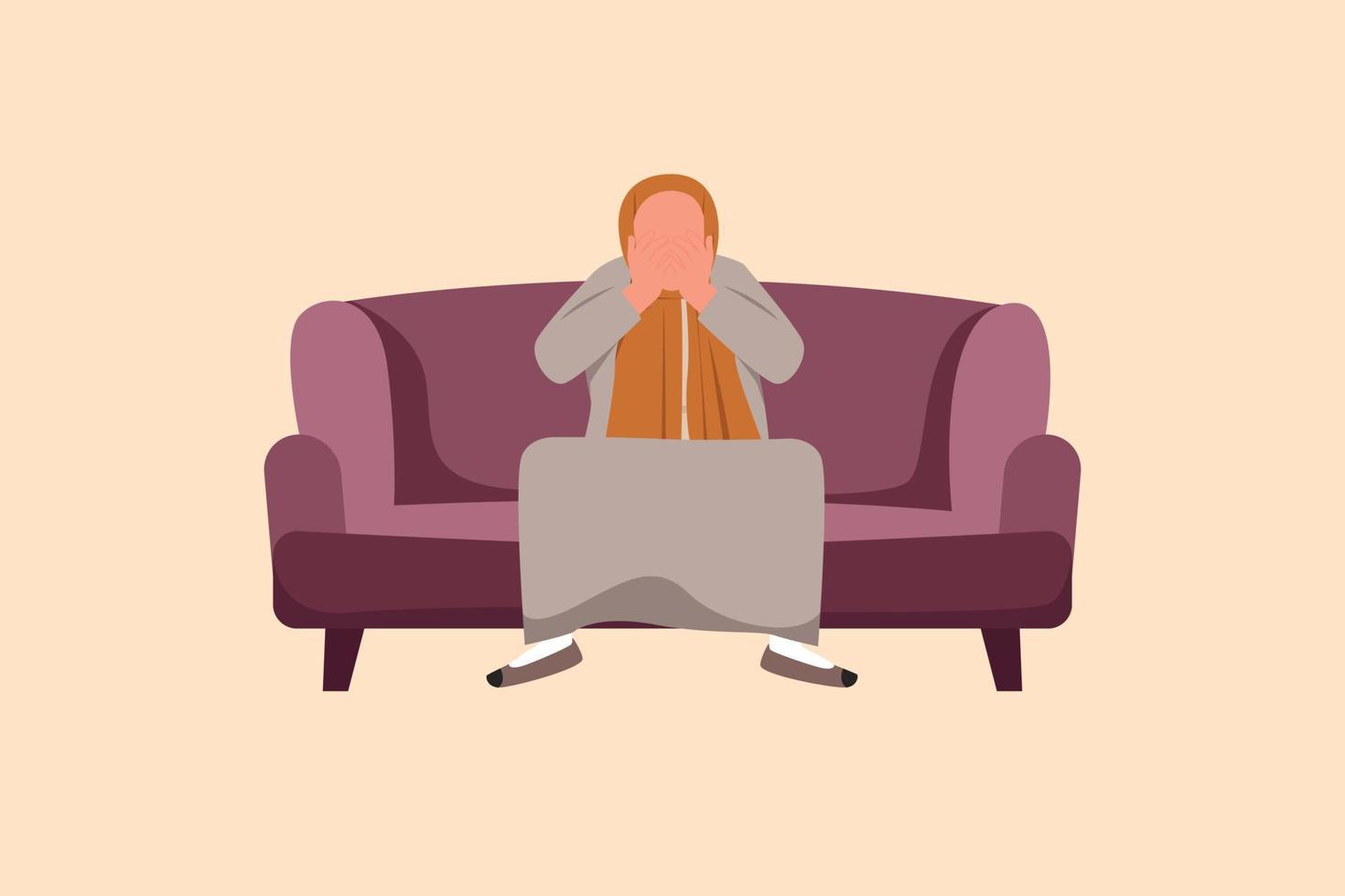 Business design drawing depressed Arab businesswoman sitting on sofa and holding head. Lonely female sitting on couch. Losing job due to economic finance crisis. Flat cartoon style vector illustration
