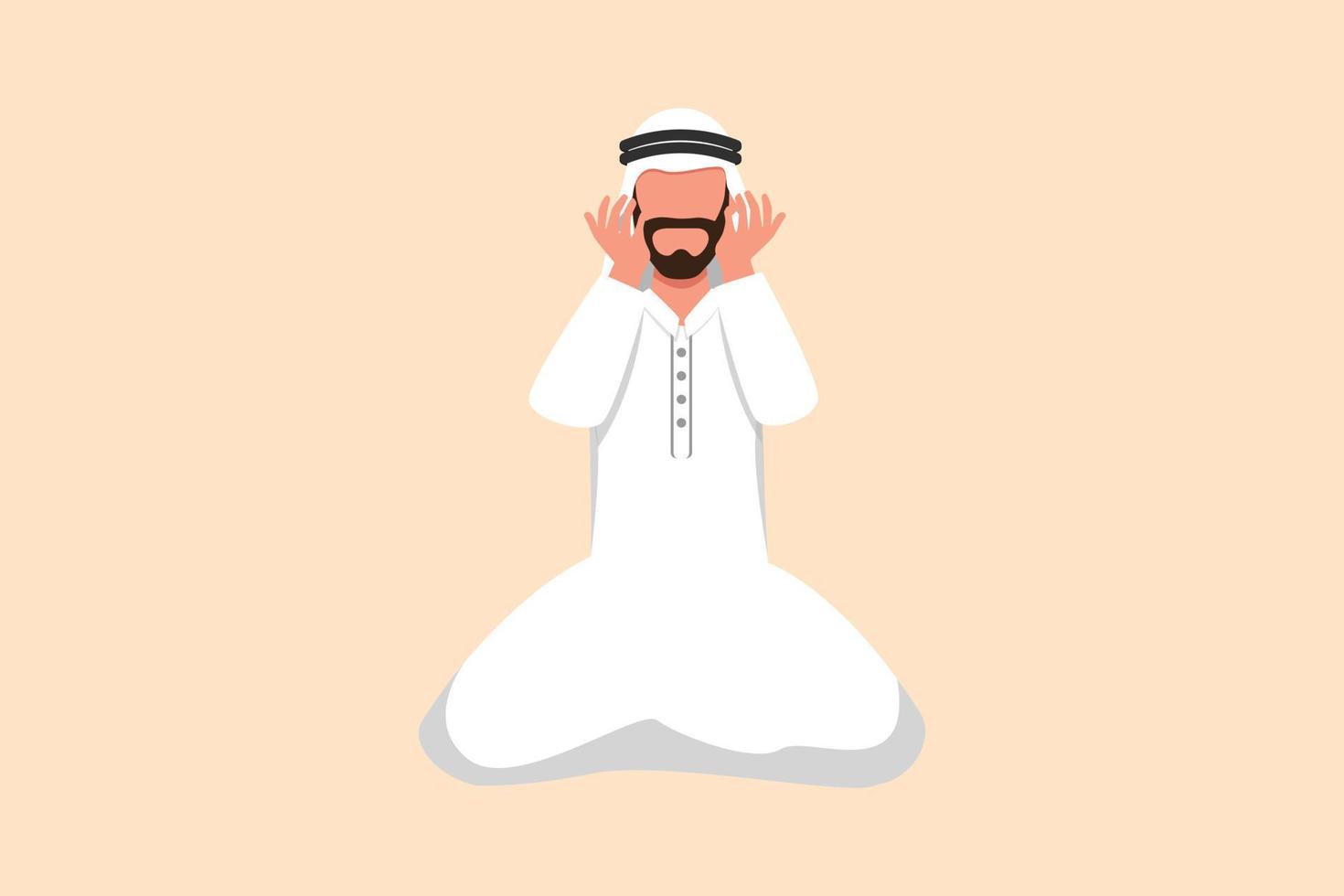Business design drawing depressed Arabian businessman despair suffer grief. Manager sad gesture expression. Worker burnout syndrome. Depression disorder, sorrow. Flat cartoon style vector illustration