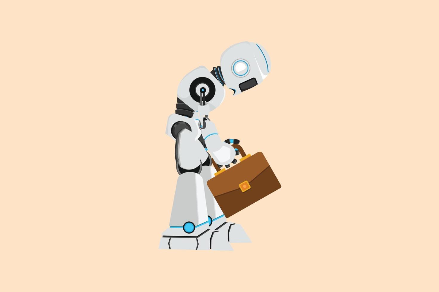 Business design drawing depressed robot looking down, holding briefcase. Future technology development. Artificial intelligence and machine learning processes. Flat cartoon style vector illustration