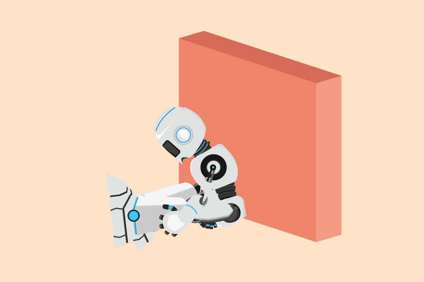 Business flat cartoon style drawing depressed robot sit in despair on floor. Cyborg sad gesture expression. Robotic artificial intelligence. Electronic technology. Graphic design vector illustration