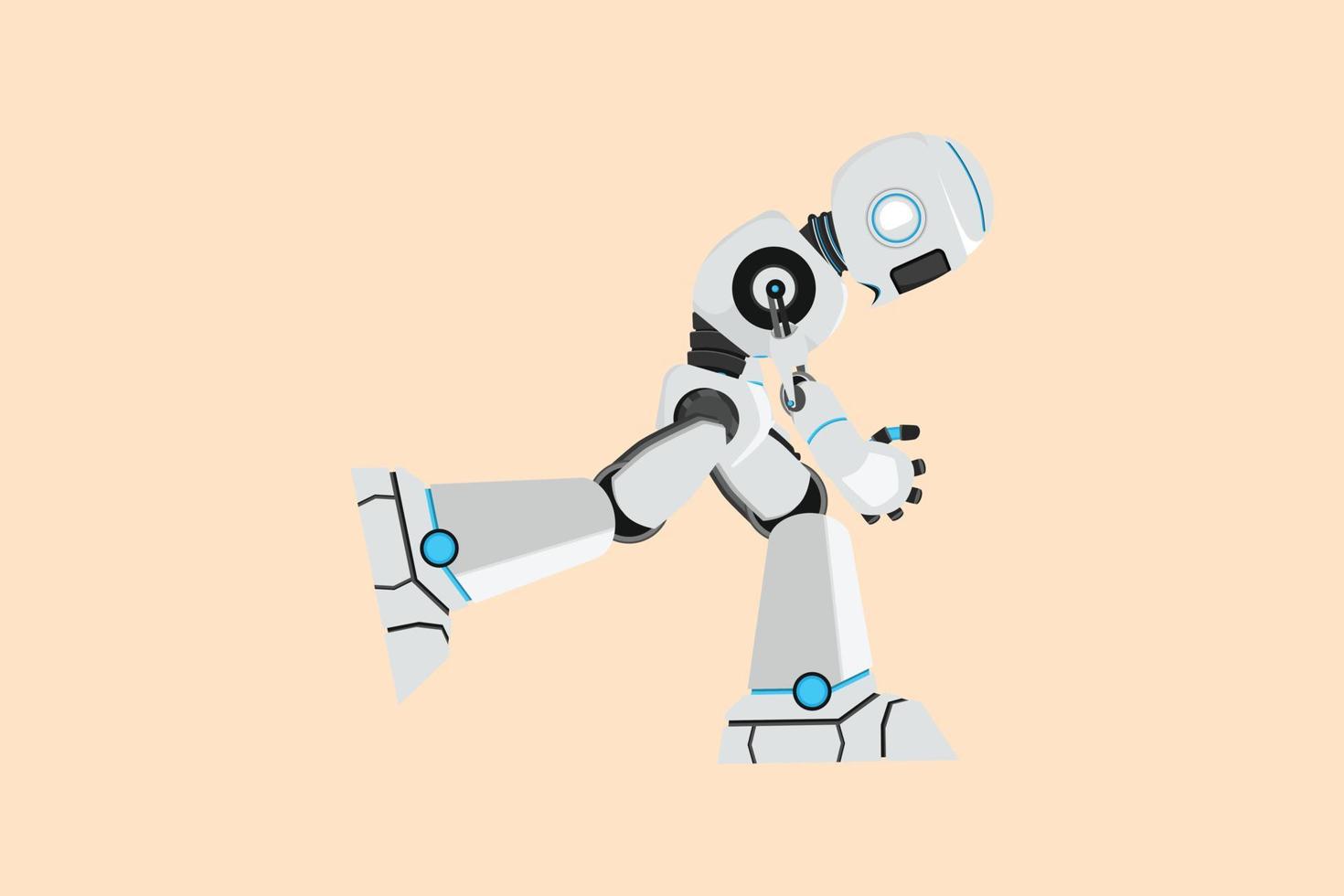 dibujo de estilo de dibujos animados planos de negocios robot deprimido inclinado hacia abajo. cyborg sintiéndose solo y con presión mental o estrés. Inteligencia artificial robótica moderna. ilustración vectorial de diseño gráfico vector