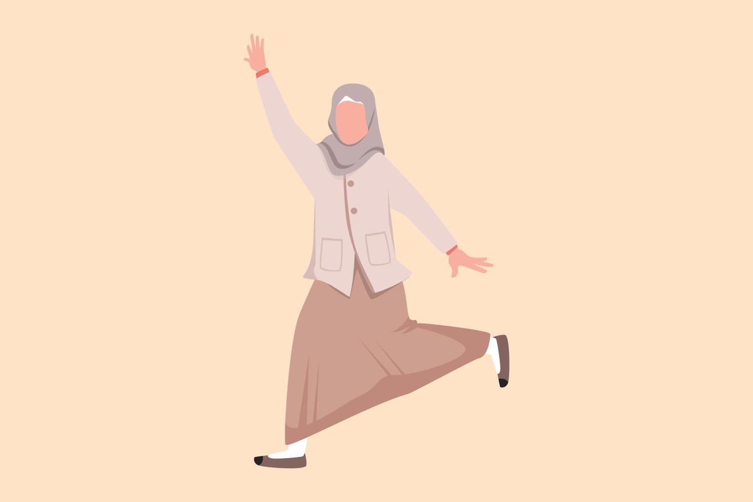 dibujo plano de negocios mujer de negocios árabe feliz saltando con las piernas separadas y levanta una mano. el trabajador de oficina celebra el logro de aumentar las ventas de productos. ilustración vectorial de diseño de dibujos animados vector