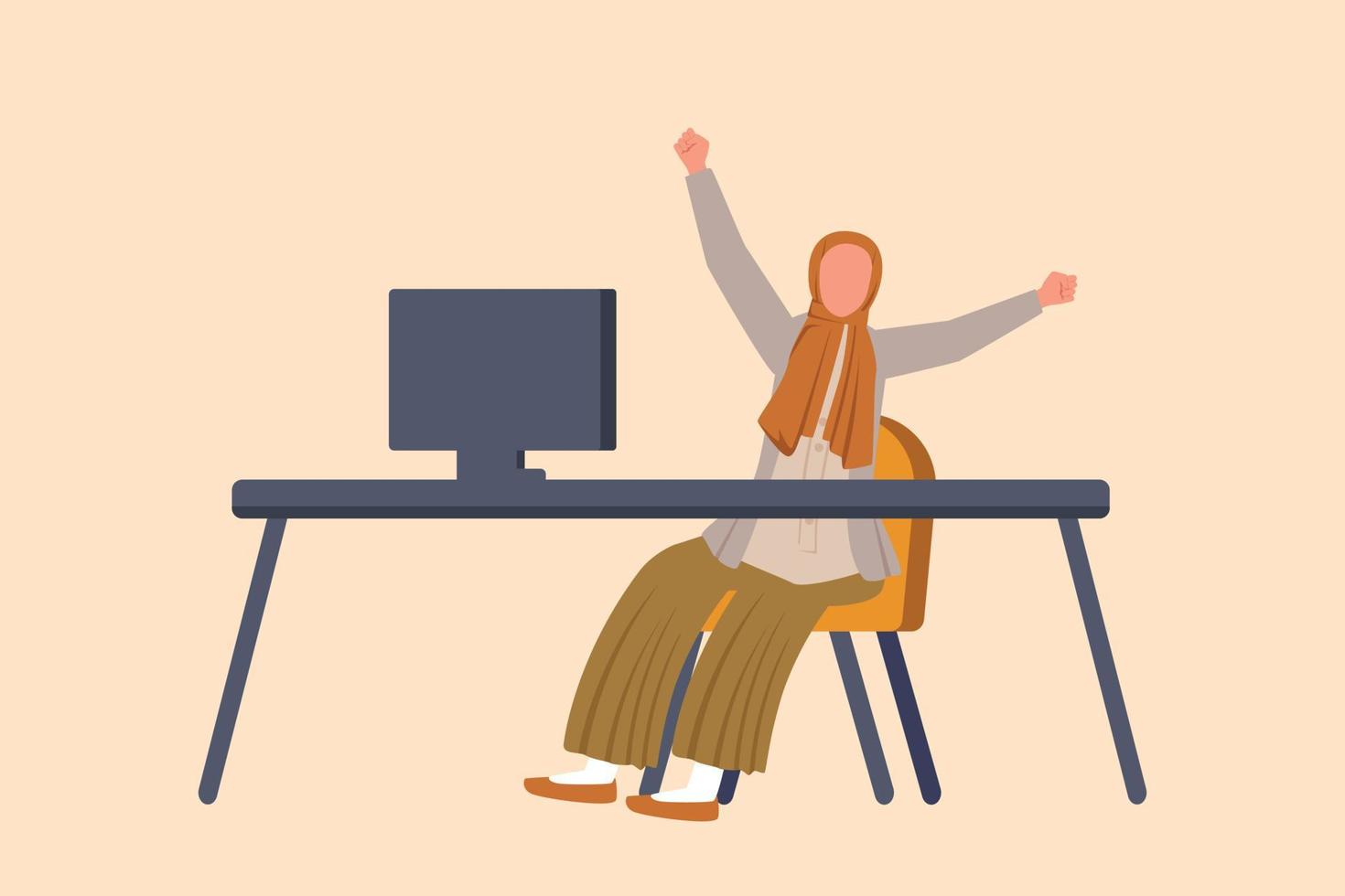 Business flat cartoon style drawing happy Arabian businesswoman sitting with raised hands near desk with computer in workplace. Worker celebrate success new project. Graphic design vector illustration