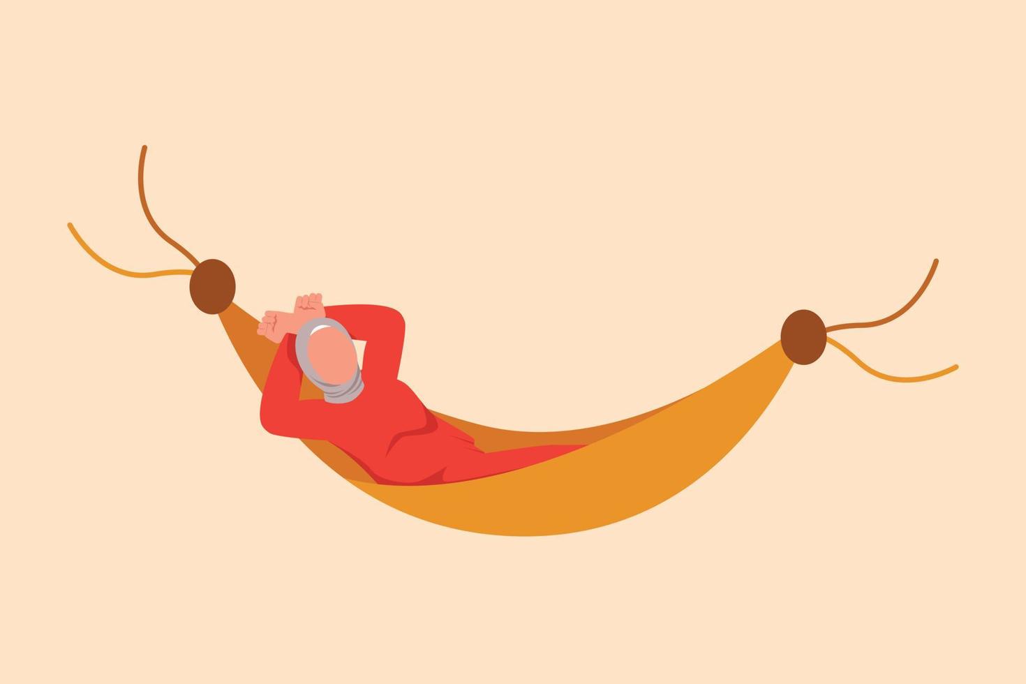 Business flat drawing relaxed Arabian businesswoman lying in hammock and dreaming about big money. Comfort, vacation, resting, recreation. Achieve financial freedom. Cartoon design vector illustration