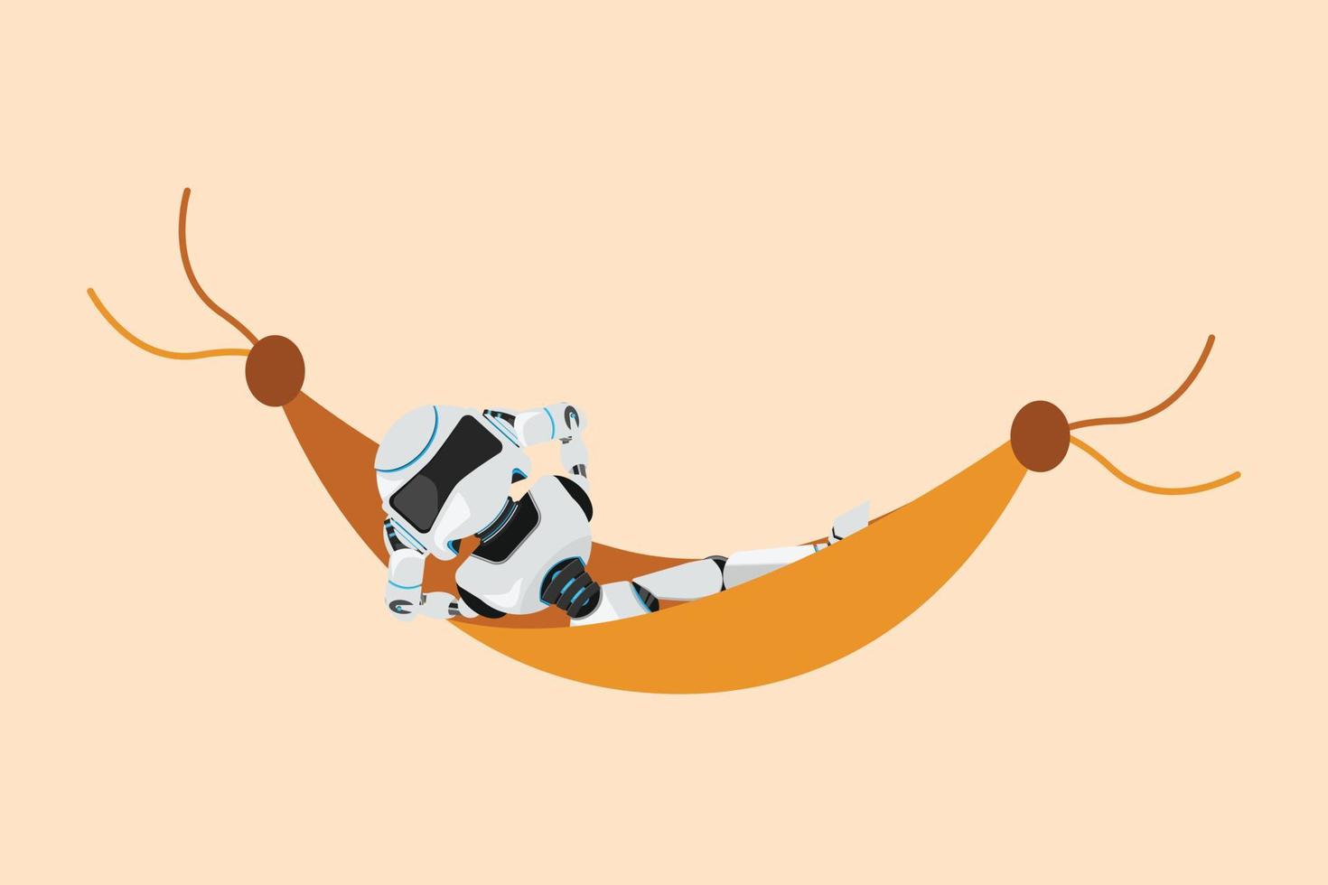Business flat drawing happy robot lying and sleeping in hammock. Comfort, vacation, and recreation. Humanoid robot cybernetic organism. Future robotic development. Cartoon design vector illustration