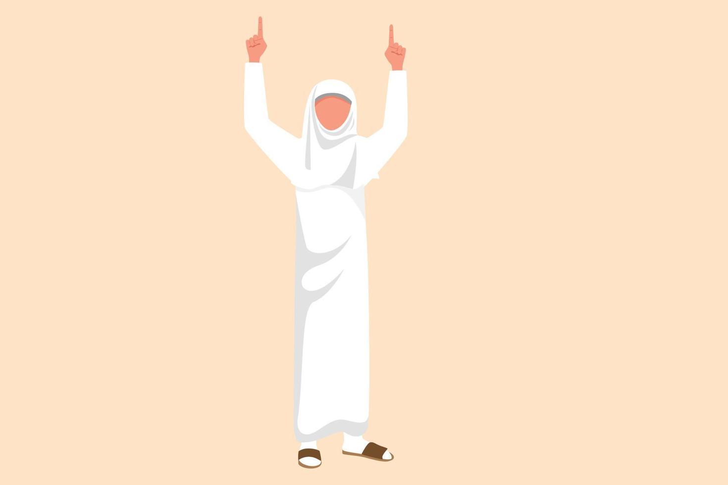 Business design drawing happy Arab businesswoman standing with both hands pointing index fingers up. Worker celebrate salary increase company. Success business. Flat cartoon style vector illustration