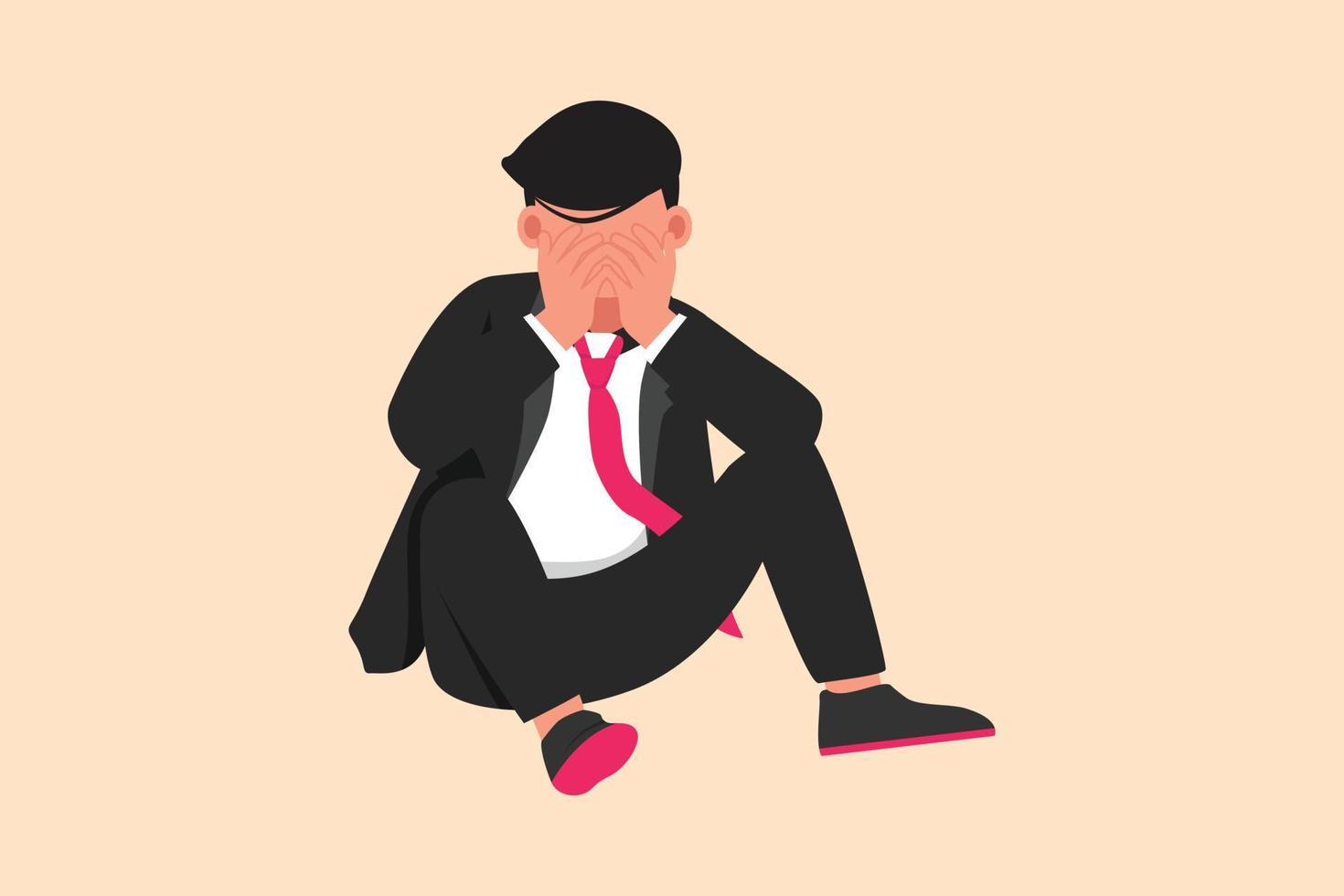 Business flat cartoon style drawing sad depressed businessman cover his face by hands and sitting on the floor. Depression disorder, sorrow, disappointment symptom. Graphic design vector illustration