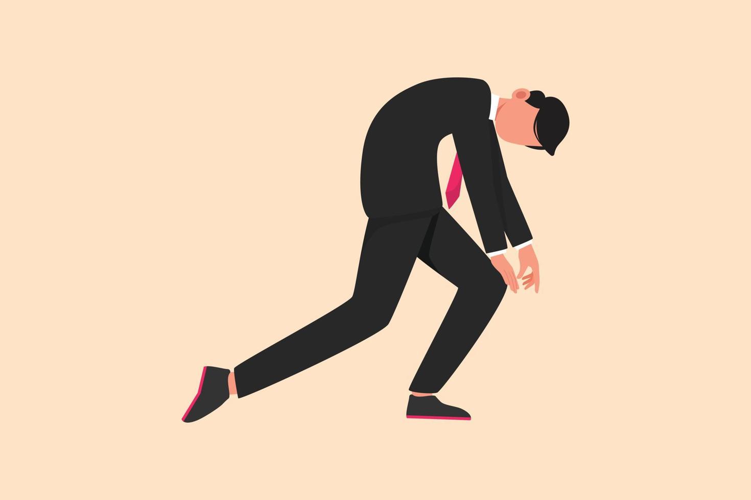 Business design drawing sad depressed businessman bowed down. Man feeling lonely and having mental pressure or stress. Bankruptcy on economic recession, failure. Flat cartoon style vector illustration