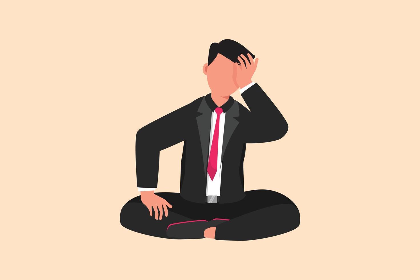 Business flat cartoon style drawing businessman who is asking questions or confused because he gets into problem. Running out of ideas, daydreaming, sad, depressed. Graphic design vector illustration