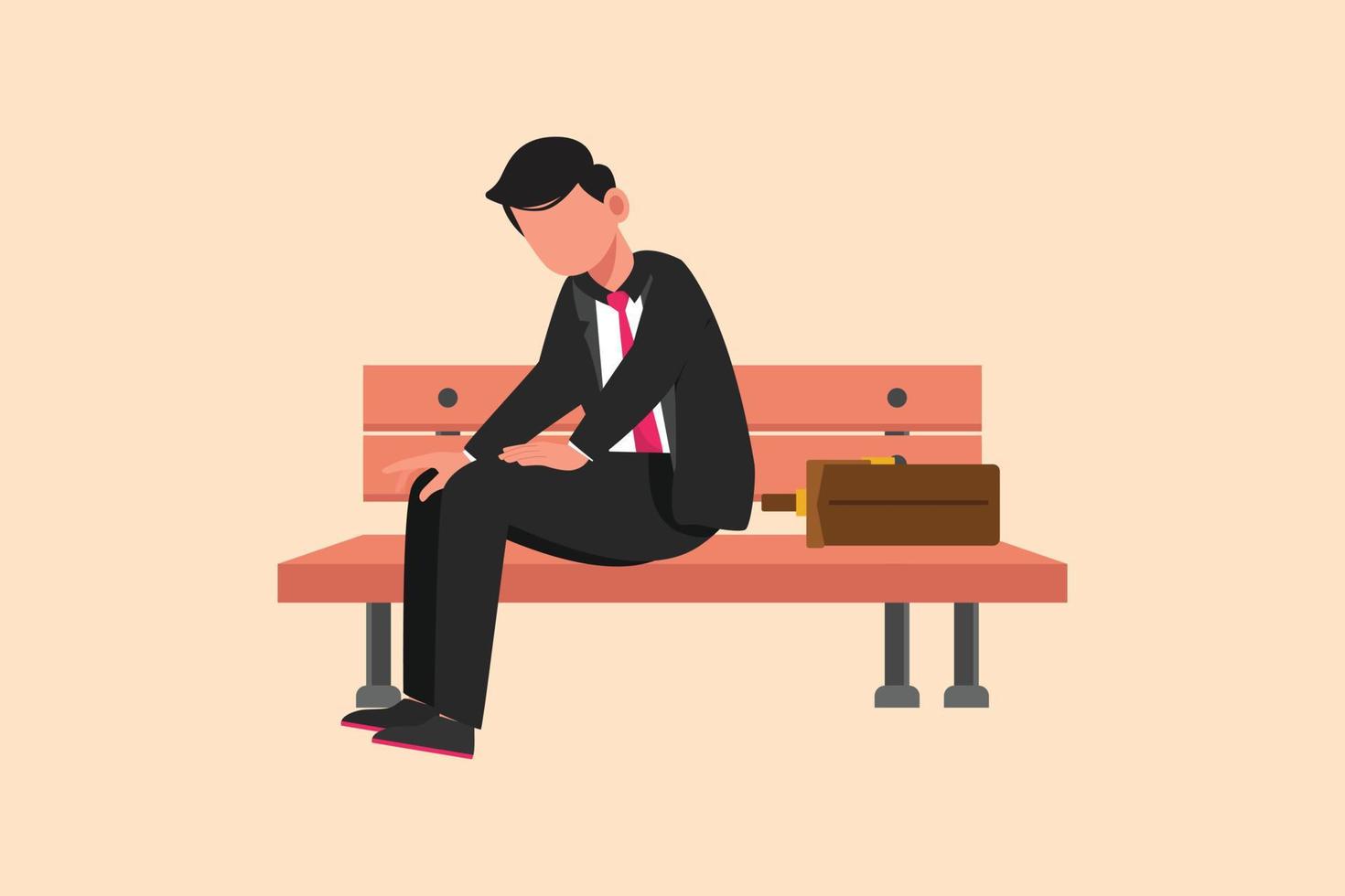 Business design drawing sad depressed businessman sitting at bench park alone. Man suffering from depression, experiences dismissal, difficult life situation. Flat cartoon style vector illustration